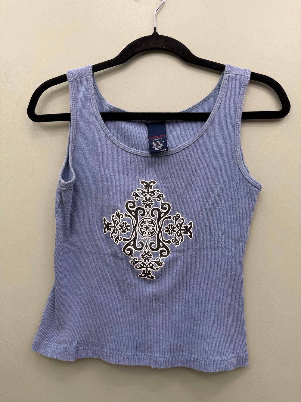 Vintage Tommy Jeans Tank Top M Blue Ribbed Embroidered Y2K Made USA